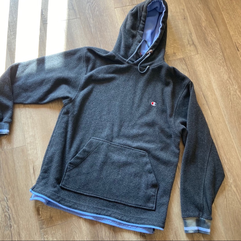 Vintage Champion Gray and Blue Trim Fleece Hoodie